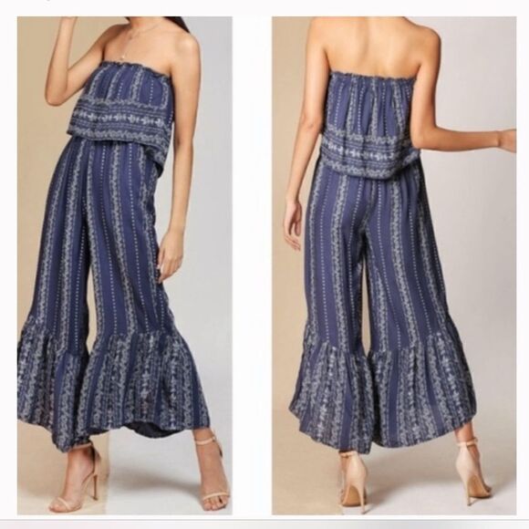 Japna Blue White Floral Vine Print Ruffled Strapless Boho Romper NEW - Picture 1 of 14